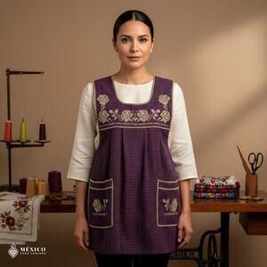 Traditional Mexican Cross-Stitch Embroidered Apron – Deluxe Artisan Smock Style